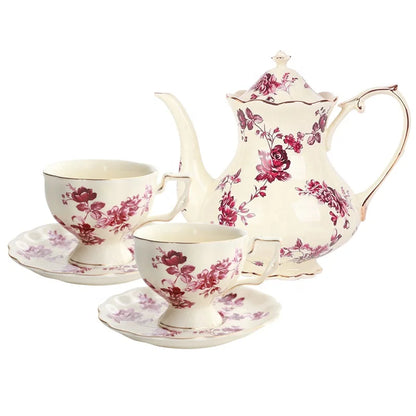 Service à café & thé français en porcelaine fleurie – 2 tasses + théière élégante