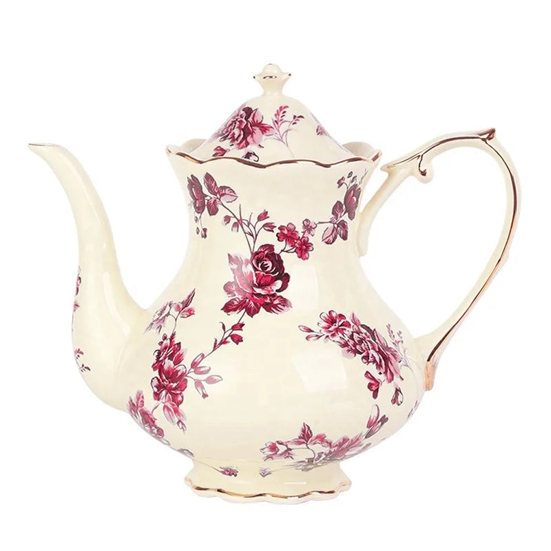 Service à café & thé français en porcelaine fleurie – 2 tasses + théière élégante