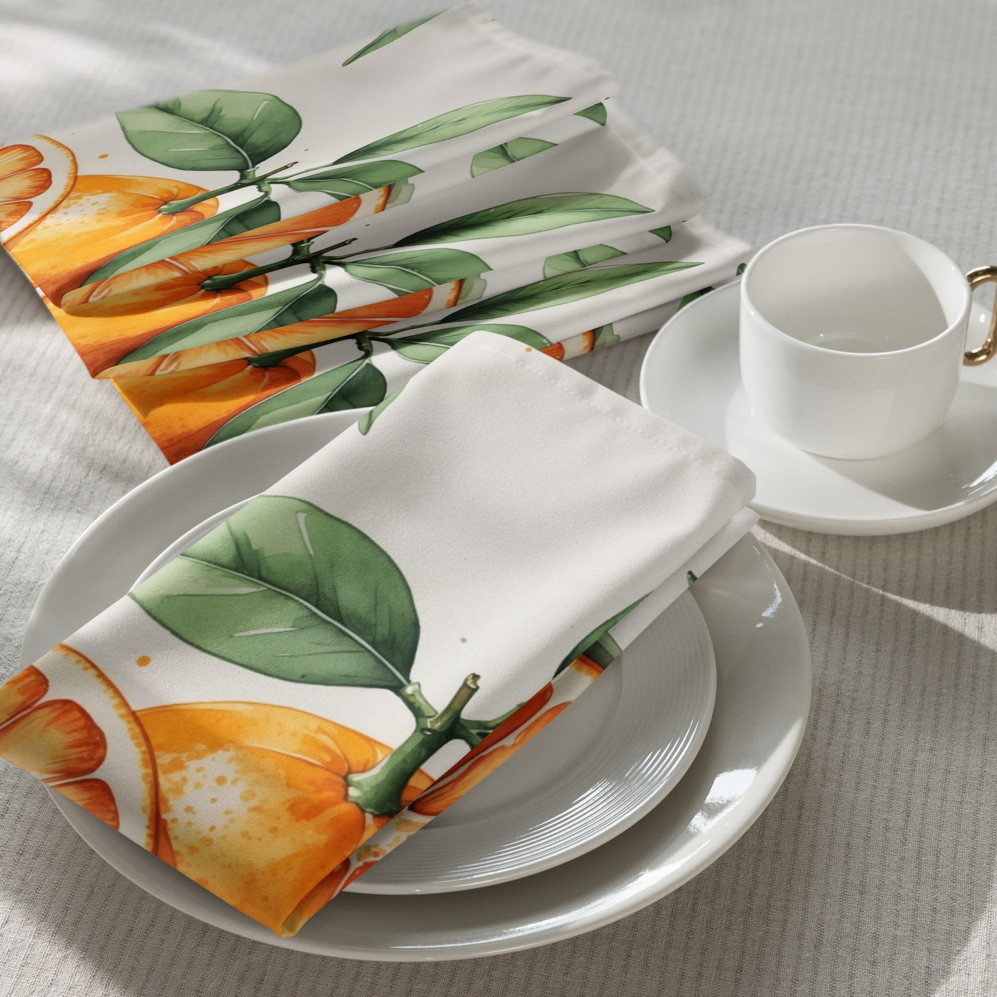 Set de 4 serviettes de table en tissu motif clémentine sur fond beige – Côté Doux