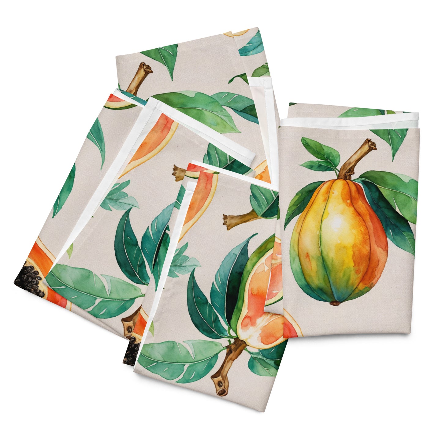 Set de 4 serviettes de table en tissu motif papaye sur fond beige